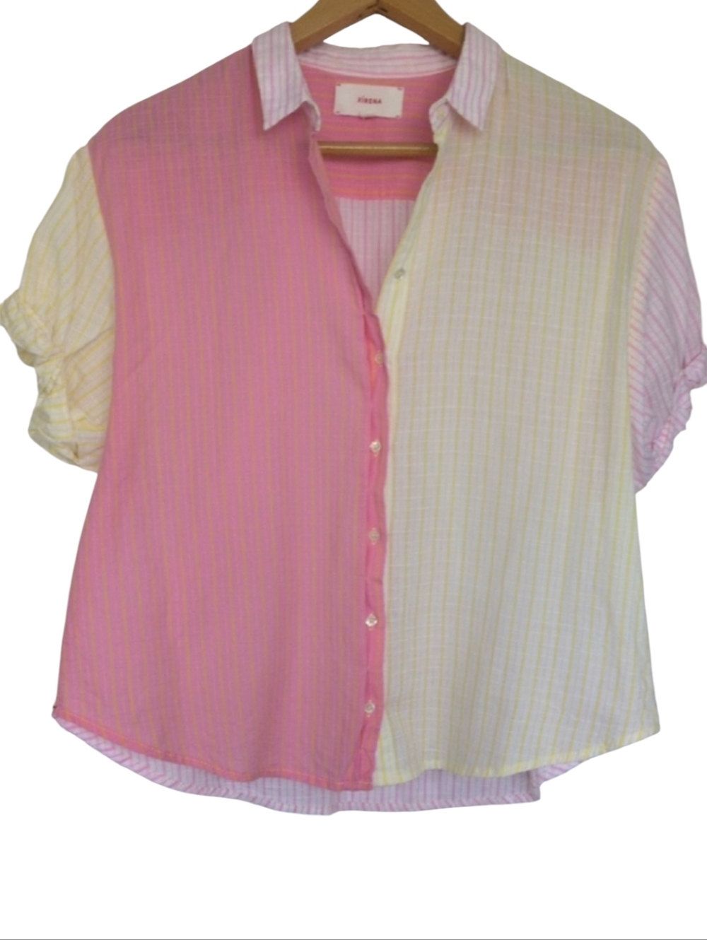 Xirena Channing Cotton Button Down Shirt Pink White Yellow XS Short Sleeve
